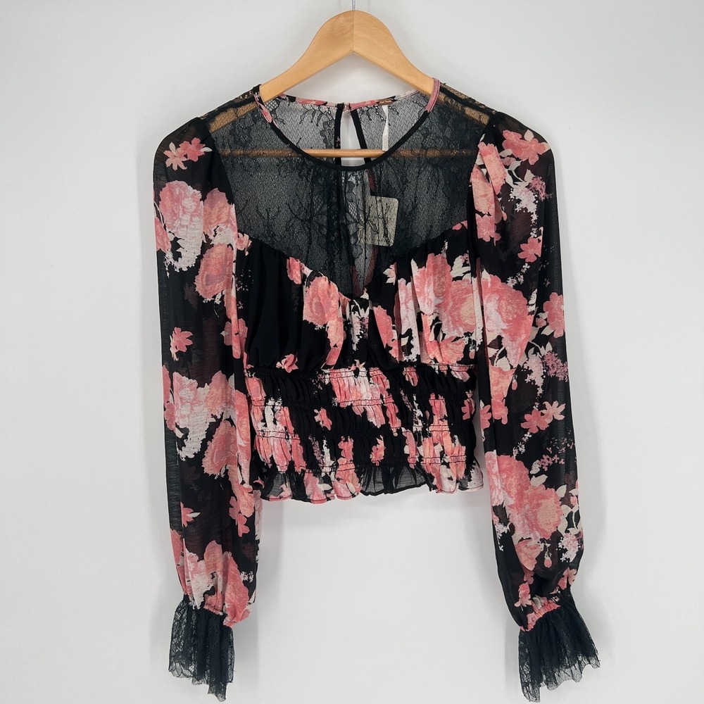 Free People Intimately Black Pink Floral Lace Sheer Peplum Top NWT Sz S Babydoll - Picture 2 of 15